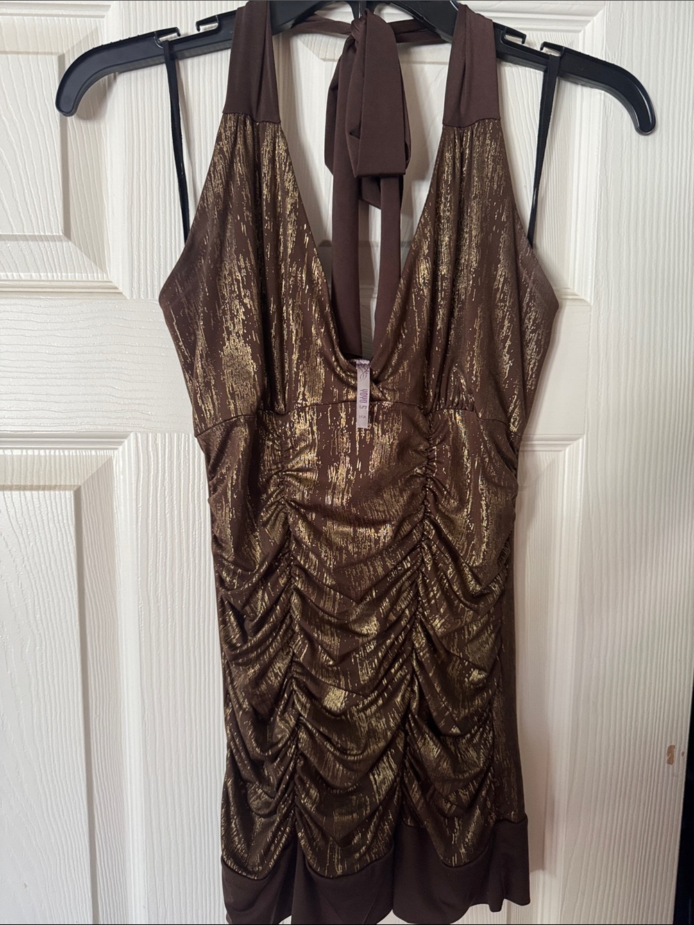 Brown Metallic Ruched Halter Top